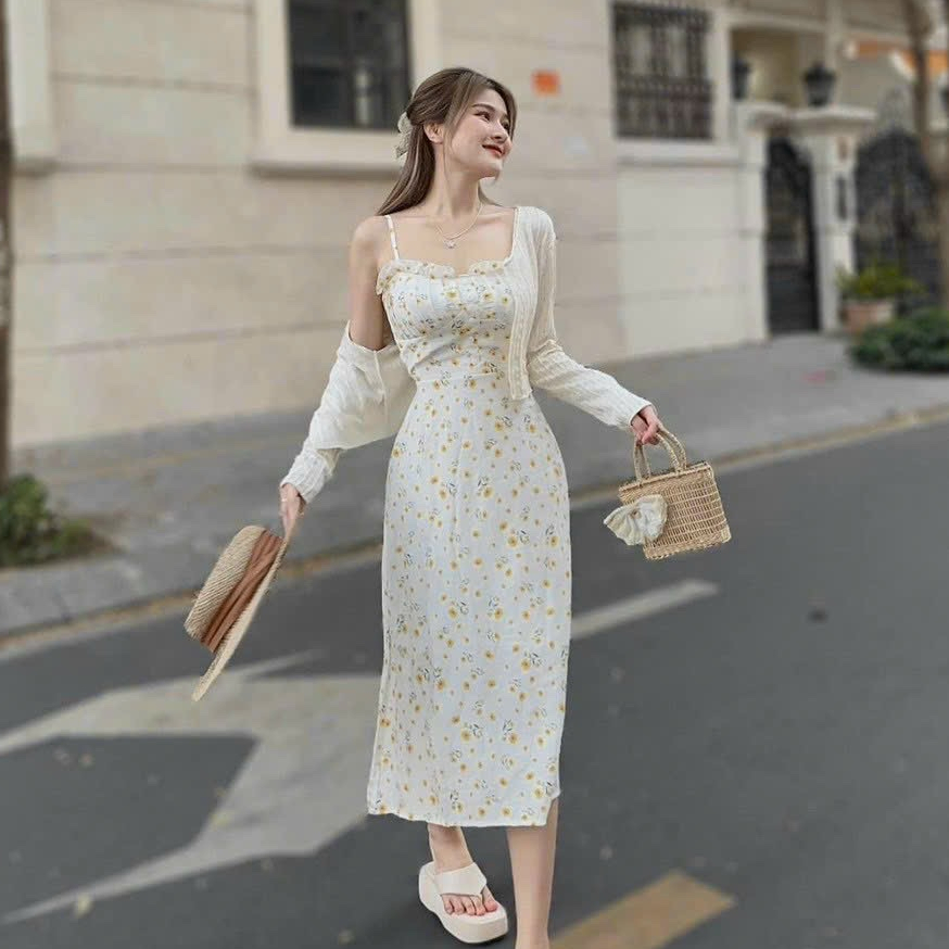 Váy đầm nữ 2 dây xốp hoa dáng dài kèm áo khoác thun gân xinh xắn cho nàng đi chơi và dạo phố