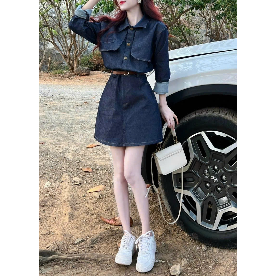 Set bộ nữ đi chơi áo sơ mi tay dài kèm chân váy jean mềm siêu xinh cho nàng đi chơi và dạo phố DX