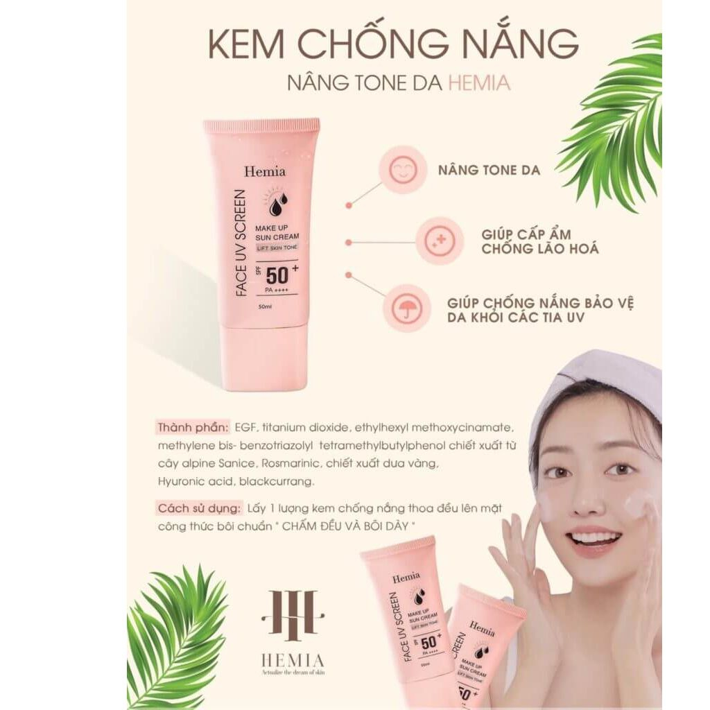 Kem chống nắng Hemia nâng tone trắng da kiềm dầu SPF50+++nhập khẩu chính hãng Hàn Quốc 50ml