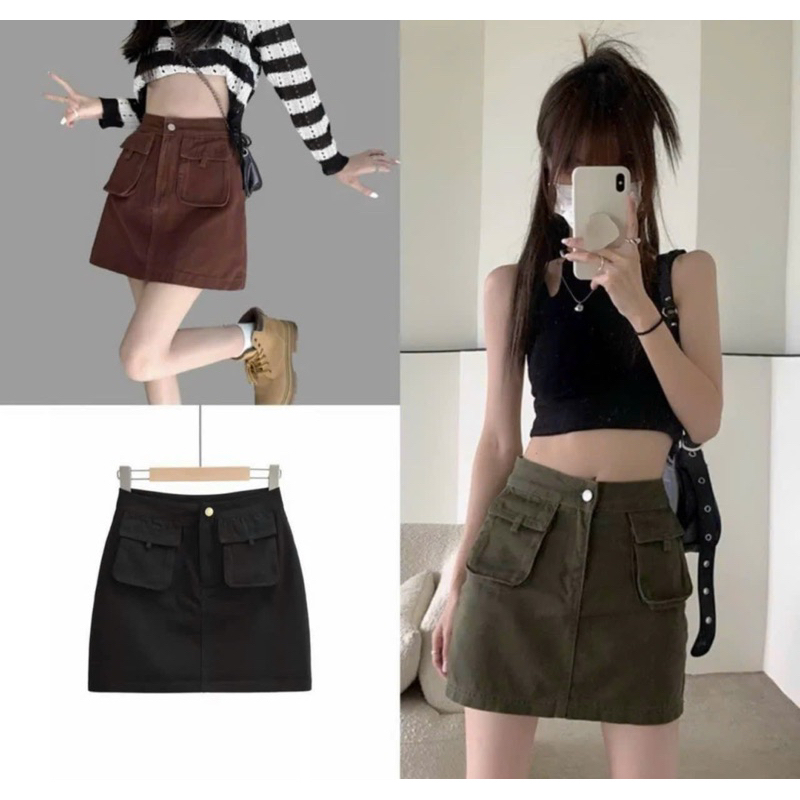 Chân váy jean túi hộp dáng chữ A có quần trong, Chân váy chữ A túi hộp vải jean có quần phong cách Ulzzang năng động