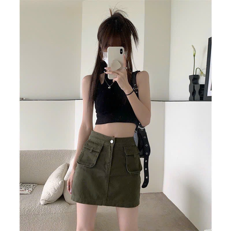 Chân váy jean túi hộp dáng chữ A có quần trong, Chân váy chữ A túi hộp vải jean có quần phong cách Ulzzang năng động