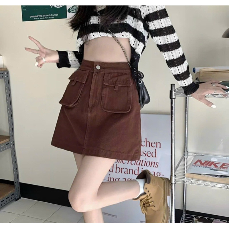 Chân váy jean túi hộp dáng chữ A có quần trong, Chân váy chữ A túi hộp vải jean có quần phong cách Ulzzang năng động