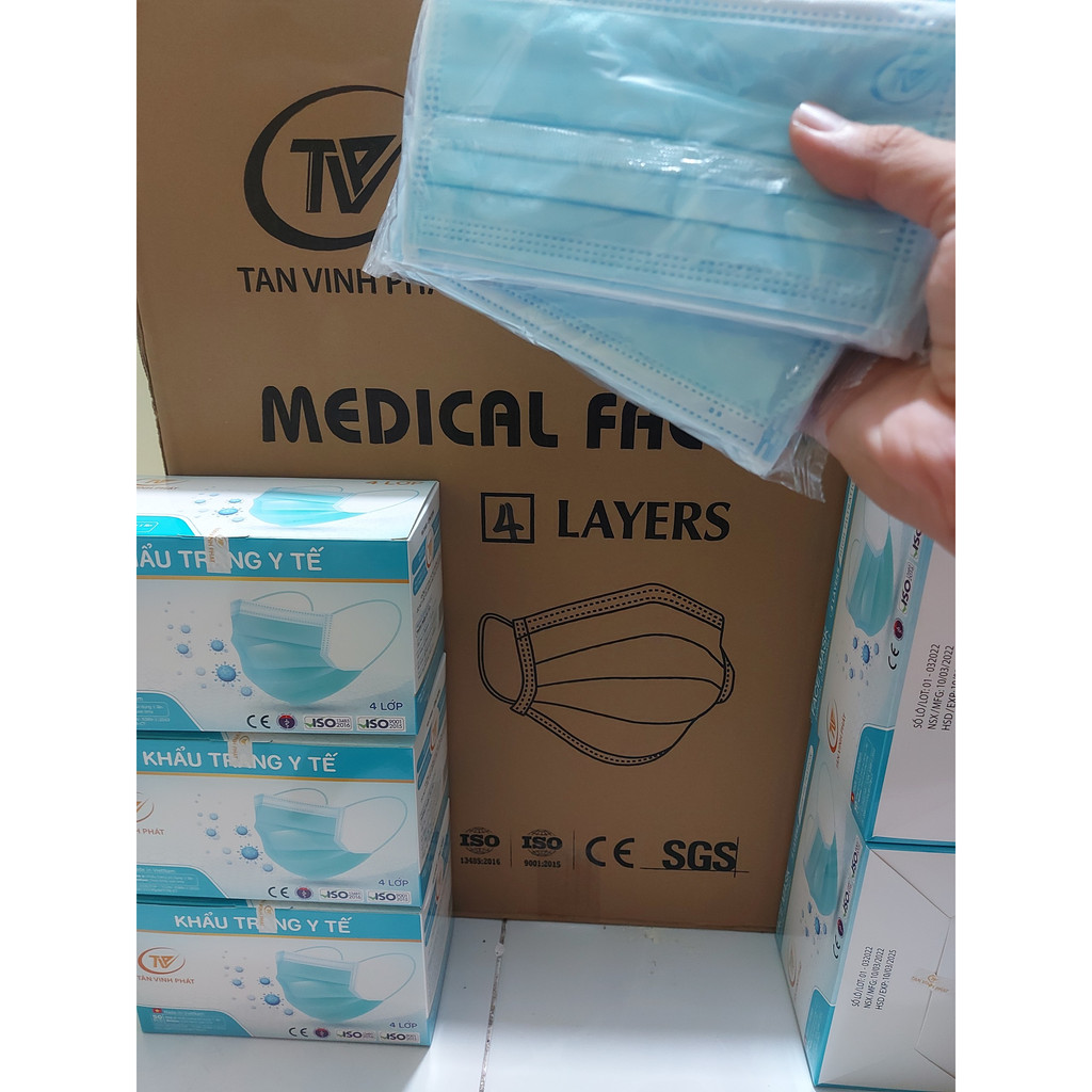 Khẩu trang y tế 4 lớp hộp 50 cái vải không dệt tự hủy(thân thiện môi trường), mềm, mịn, không đau vành tai - sản xuất VN
