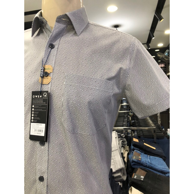 Áo sơ mi owen ngắn tay màu ghi họa tiết body fit vạt ngang vải sợi tre AB230137NT