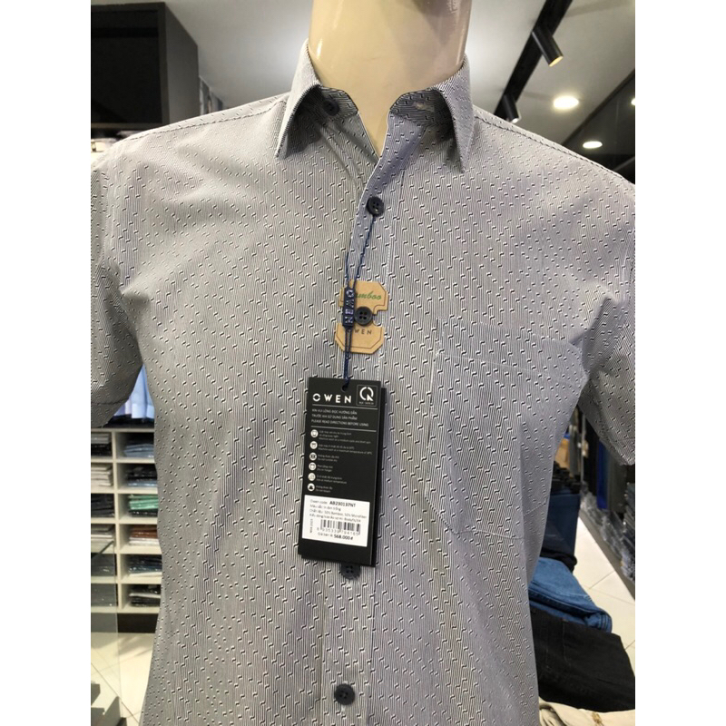 Áo sơ mi owen ngắn tay màu ghi họa tiết body fit vạt ngang vải sợi tre AB230137NT