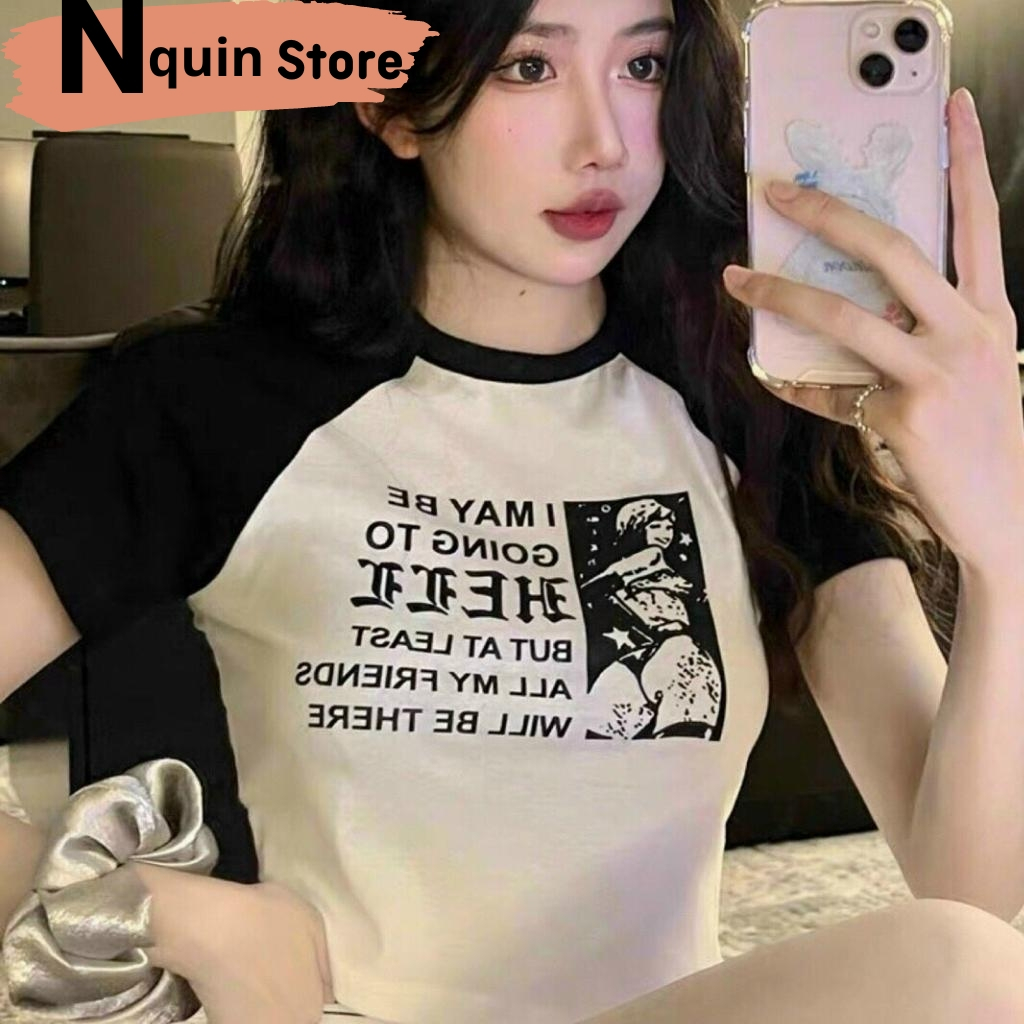 Áo croptop nữ tay ngắn phối màu cổ tròn thiêt kế áo ôm body in họa tiết xinh sắn Nquin Store