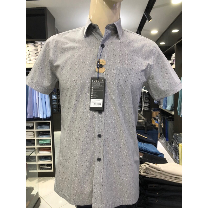 Áo sơ mi owen ngắn tay màu ghi họa tiết body fit vạt ngang vải sợi tre AB230137NT