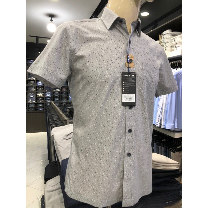 Áo sơ mi owen ngắn tay màu ghi họa tiết body fit vạt ngang vải sợi tre AB230137NT