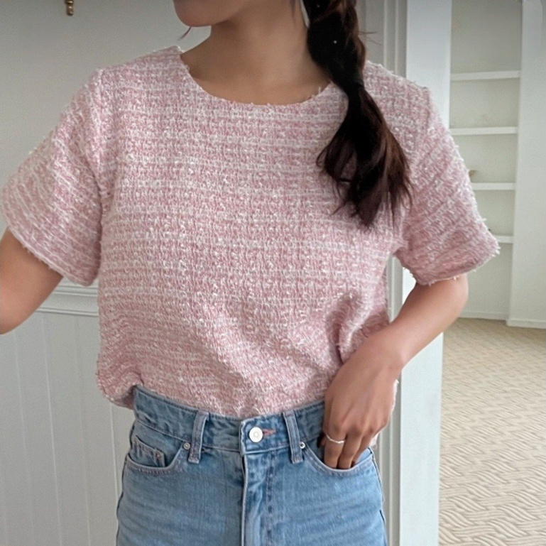 Áo dạ tweed mùa hè cổ tròn tay cộc phong cách Hàn Quốc (Made in Korea)
