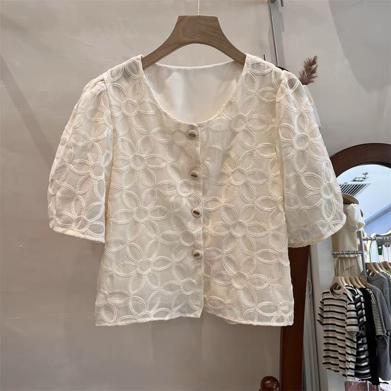 Áo Sơ Mi Tay Ngắn Nữ dom.in style , Áo SơMi Nữ Thiết Kết  Chất Liệu Vải ren 2 lớp mặc  Mùa Hè Thoáng Mát TN0053