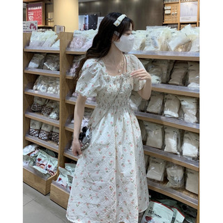 Đầm maxi cổ vuông tay ngắn phồng chun ngực, váy maxi hoa nữ ngắn tay cổ vuông eo cao Hàn Quốc 5823