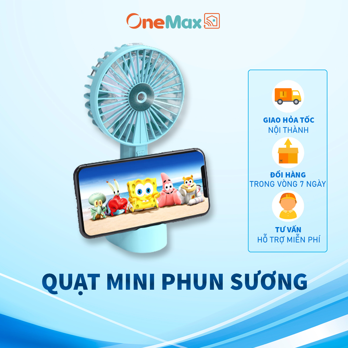 Quạt mini cầm tay tích điện phun sương tích hợp đế xem phim ONEMAX 1200mah