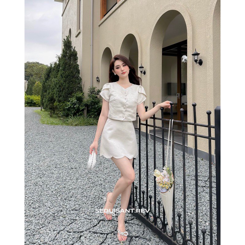 Audrey set- set tafta gấm áo croptop và chân váy ngắn dáng A lượn sóng SEDUISANT.REV