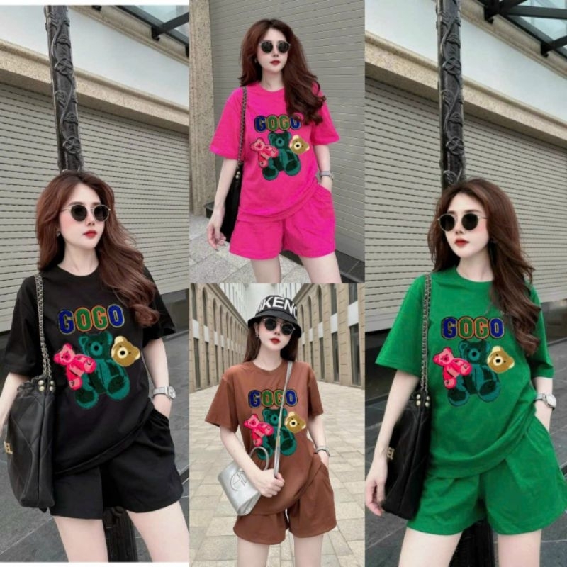 Sét đồ bộ nữ quần đùi áo form rộng thêu logo gấu quảng châu cực xinh, sét bộ đi chơi thể thao, đồ bộ mặc nhà mùa hè mát