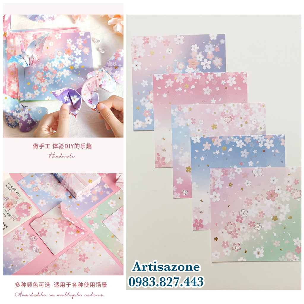 Giấy họa tiết hoa anh đào gấp origami, trang trí đồ handmade  - Set 15 tờ