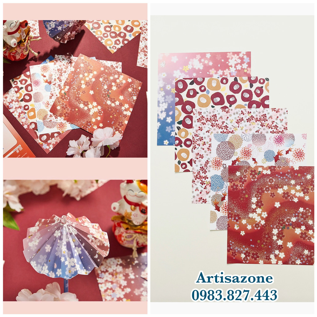 Giấy họa tiết hoa anh đào gấp origami, trang trí đồ handmade  - Set 15 tờ