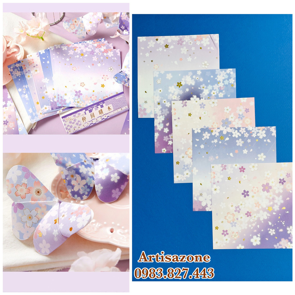 Giấy họa tiết hoa anh đào gấp origami, trang trí đồ handmade  - Set 15 tờ