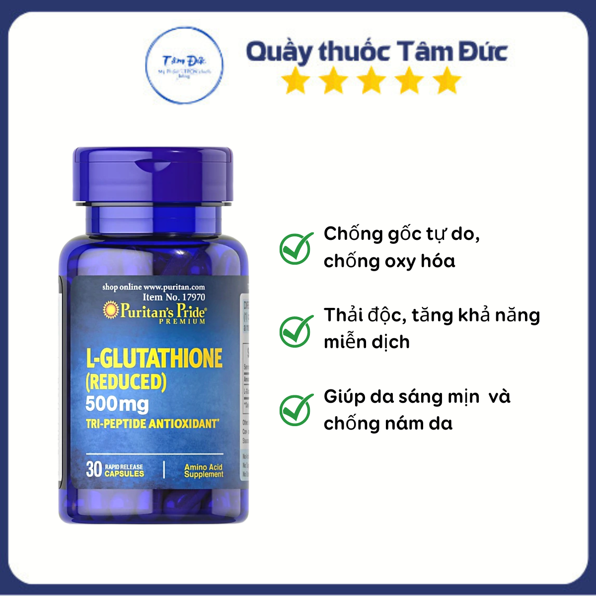 Viên Uống Trắng Da, Giảm Nám, Thải Đ.ộ.c L- Glutathione (Reduced) 500mg Puritan's Pride 30 viên, Mỹ