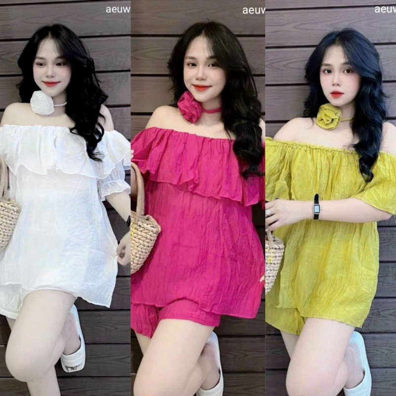 Set Bộ Tơ Nhăn Áo Trễ Vai Rộng + Quần Short Đùi + Hoa