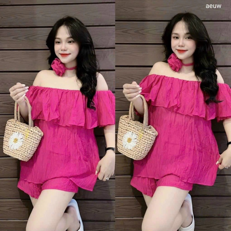 Set Bộ Tơ Nhăn Áo Trễ Vai Rộng + Quần Short Đùi + Hoa