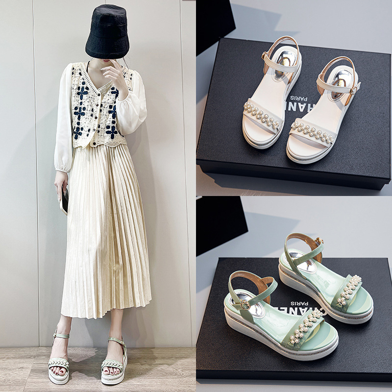 Saldal nữ, Xăng đan đế xuồng 8 cm quai ngang đính hạt cườm quai cài mắt cá hàng quảng Châu cao cấp full box hãng mã OK02