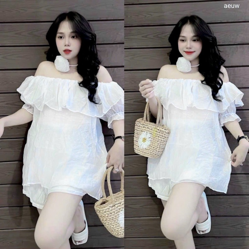 Set Bộ Tơ Nhăn Áo Trễ Vai Rộng + Quần Short Đùi + Hoa