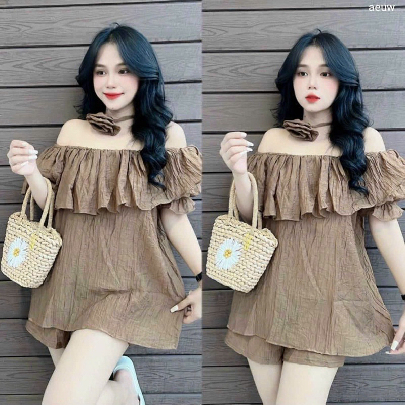 Set Bộ Tơ Nhăn Áo Trễ Vai Rộng + Quần Short Đùi + Hoa