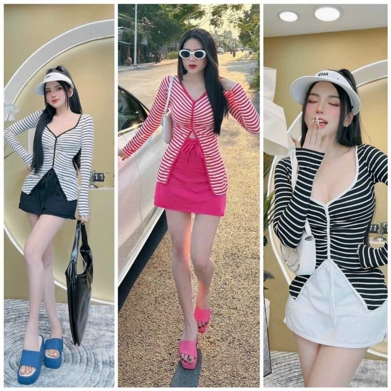 Set Áo Kẻ Sọc Ngang Tay Dài Cổ V Xẻ Tà Và Chân Váy Bút Chì Ngắn Ôm Body Sexy - Tiểu Thư Bánh Bèo Cute Sang Chảnh