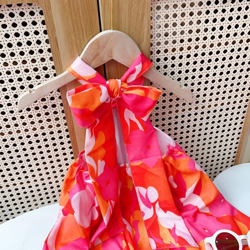 Váy đầm maxi đi biển hoa cam hồng cho bé gái 10-28kg