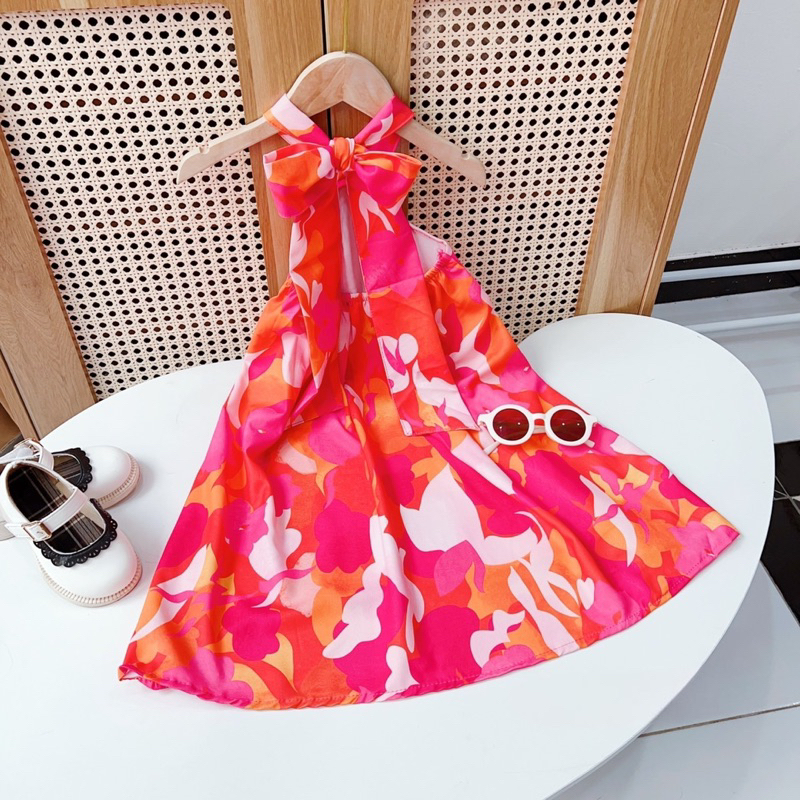 Váy đầm maxi đi biển hoa cam hồng cho bé gái 10-28kg
