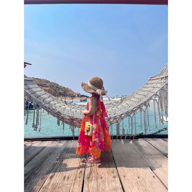 Váy đầm maxi đi biển hoa cam hồng cho bé gái 10-28kg