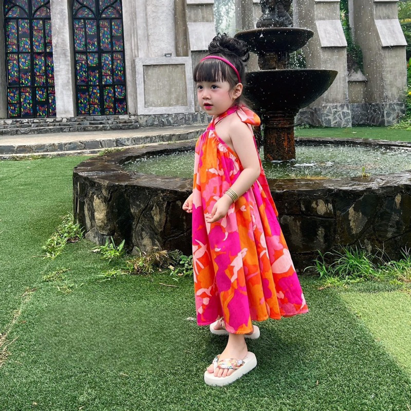 Váy đầm maxi đi biển hoa cam hồng cho bé gái 10-28kg