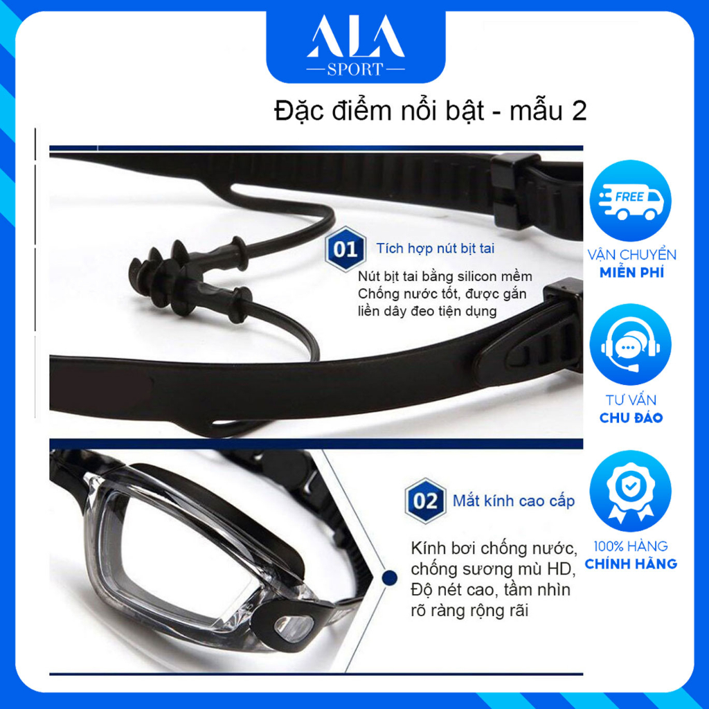 Kính Bơi Nam Nữ Cao Cấp Siêu Bền Đẹp Măt Kính Có Góc Nhìn Rộng Rõ Nét Kèm Nút Bịt Tai Tiện Dụng KI09