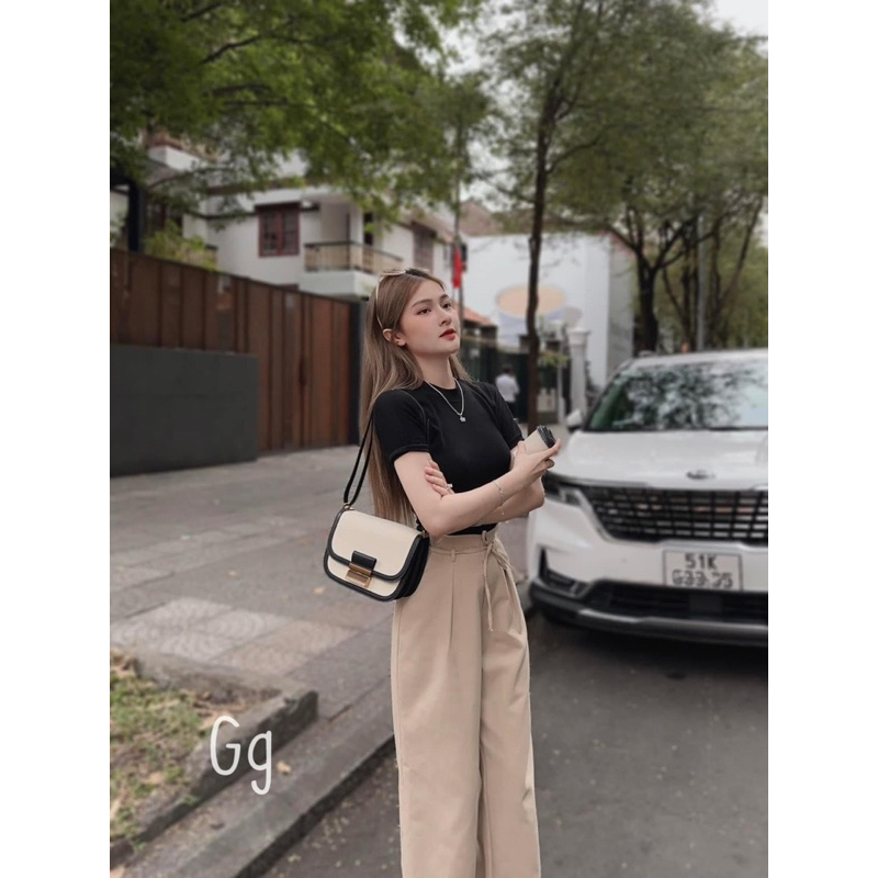 Set áo thun tay ngắn quần tây ống suông cột dây