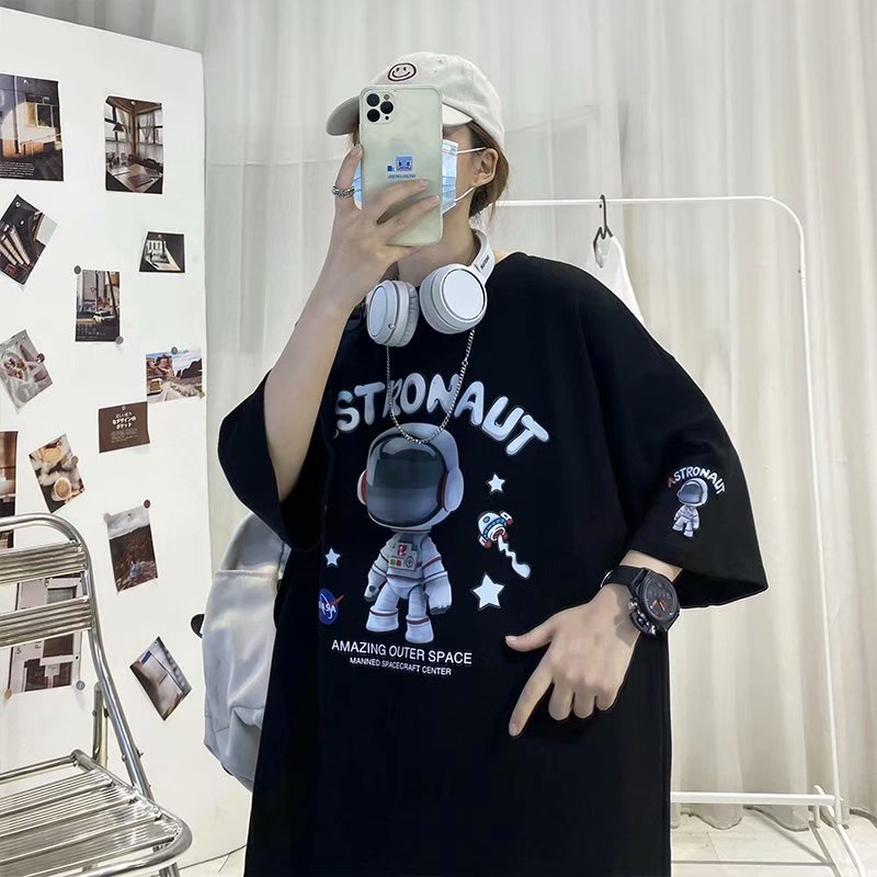 Áo thun nam nữ unisex tay lỡ Phi hành gia, áo phông cotton form rộng oversize streetwear