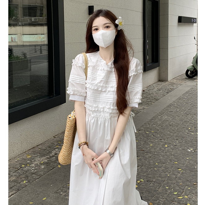 Đầm maxi tay ngắn dáng dài dễ thương, váy maxi trắng tay ngắn thời trang mùa xuân Hàn Quốc 8878