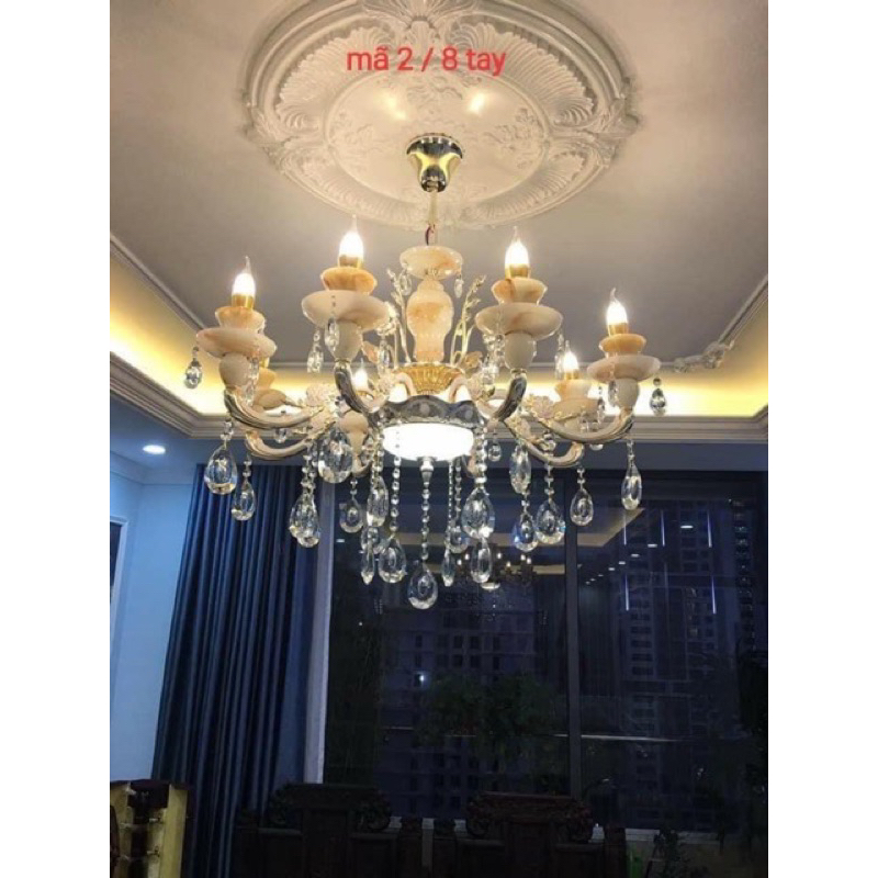 Đèn chùm phòng khách DOTHANH LIGHT 8 tay đá cao cấp tân cổ điển kèm bóng led nến chuyên dụng