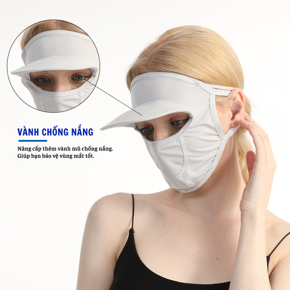 Khẩu trang chống nắng tia UV che kín mặt nữ có vành mũ, vải lụa băng mát lạnh