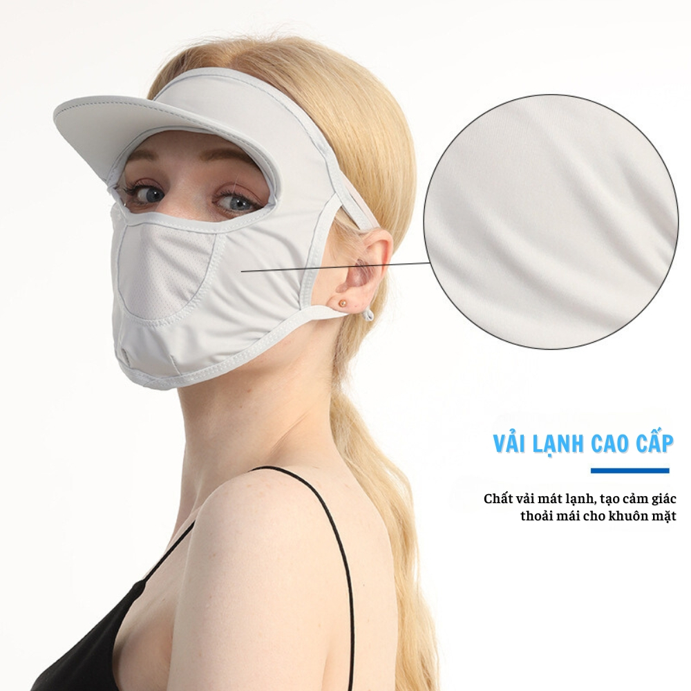 Khẩu trang chống nắng tia UV che kín mặt nữ có vành mũ, vải lụa băng mát lạnh