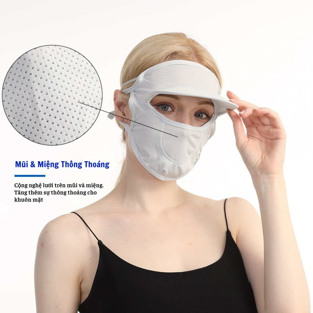 Khẩu trang chống nắng tia UV che kín mặt nữ có vành mũ, vải lụa băng mát lạnh