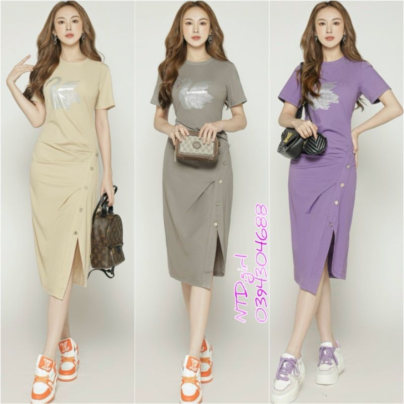 Hàng nhập - Đầm dáng ôm thun mát lạnh xẻ tà lệch đính nút, váy body cổ tròn tay ngắn trẻ trung