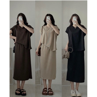 Set áo thun tăm sát nách cổ V kèm chân váy dáng dài