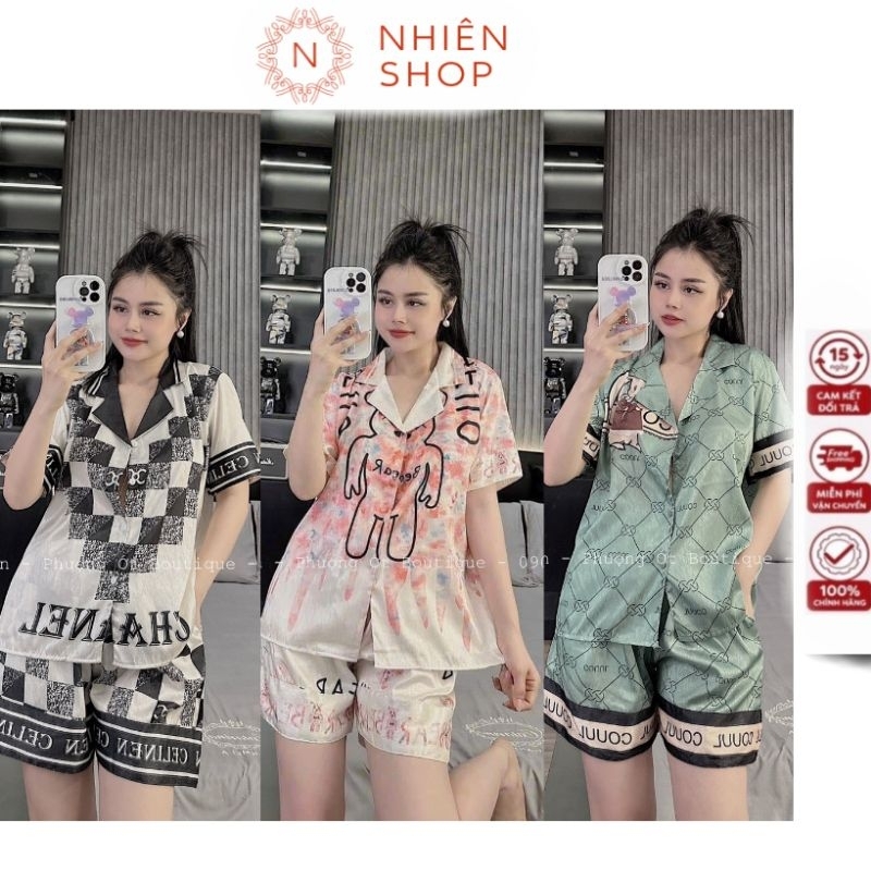 Bộ mặc nhà Pijama quần đùi lụa xước thiết kế in 5D họa tiết sắc nét