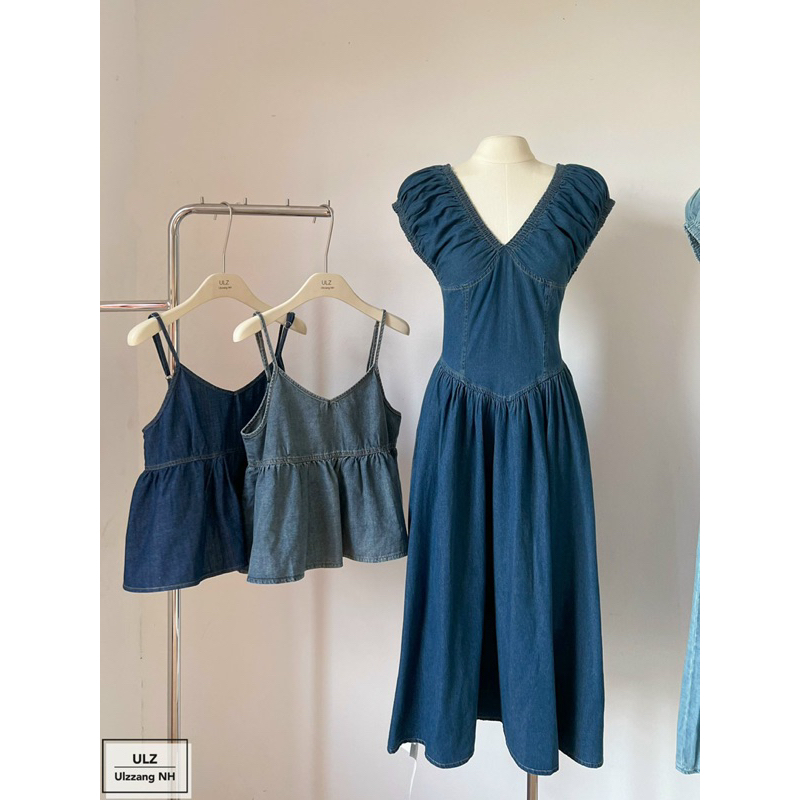 Đầm jeans chun cổ V bèo nhún dáng dài siêu xinh ảnh thật hàng QC loạu 1 - hàng có sẵn