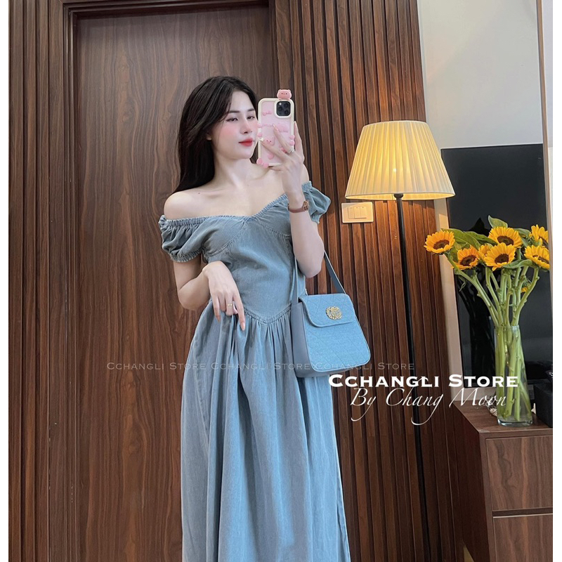 Đầm jeans chun cổ V bèo nhún dáng dài siêu xinh ảnh thật hàng QC loạu 1 - hàng có sẵn