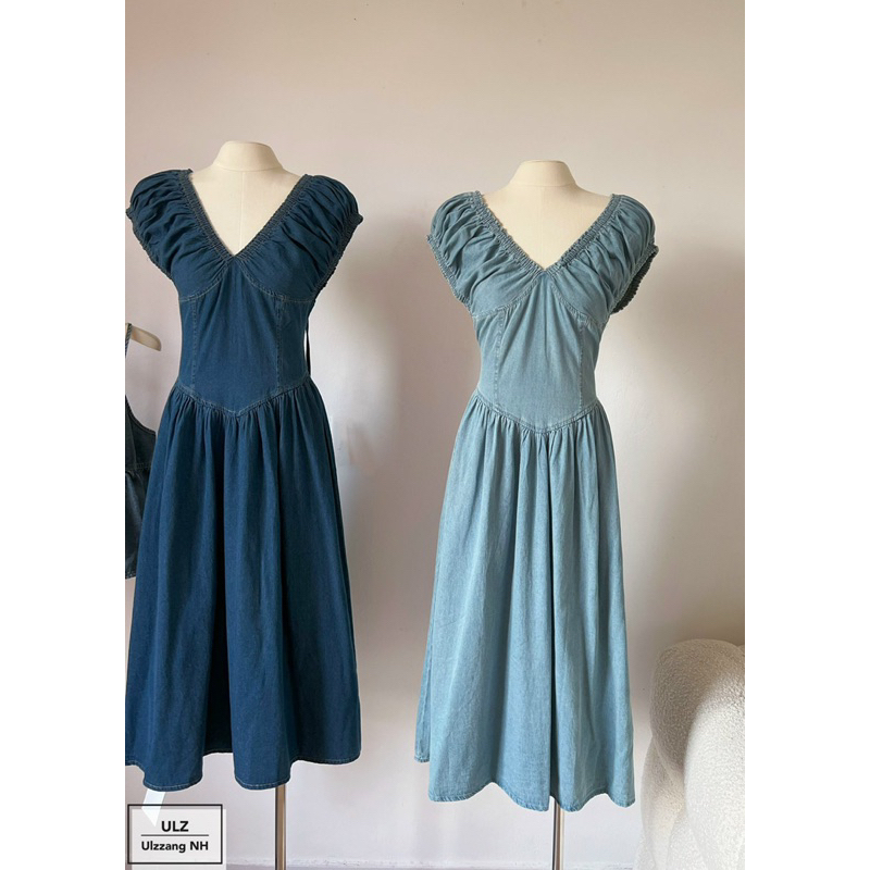 Đầm jeans chun cổ V bèo nhún dáng dài siêu xinh ảnh thật hàng QC loạu 1 - hàng có sẵn