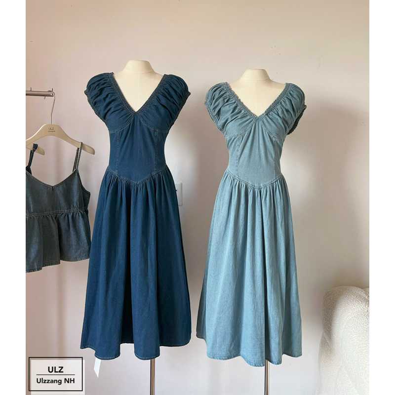 Đầm jeans chun cổ V bèo nhún dáng dài siêu xinh ảnh thật hàng QC loạu 1 - hàng có sẵn