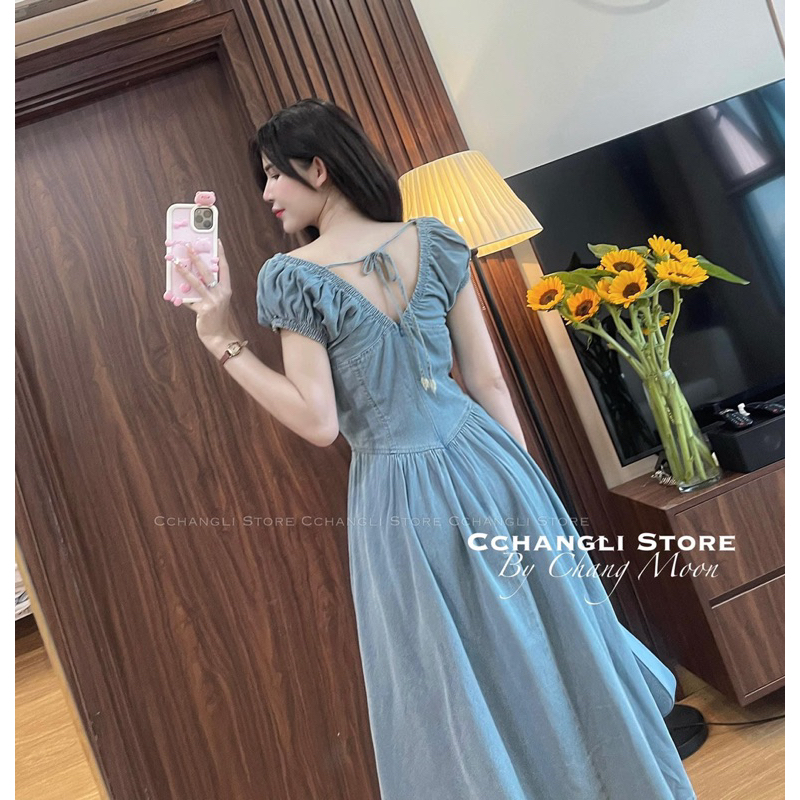 Đầm jeans chun cổ V bèo nhún dáng dài siêu xinh ảnh thật hàng QC loạu 1 - hàng có sẵn