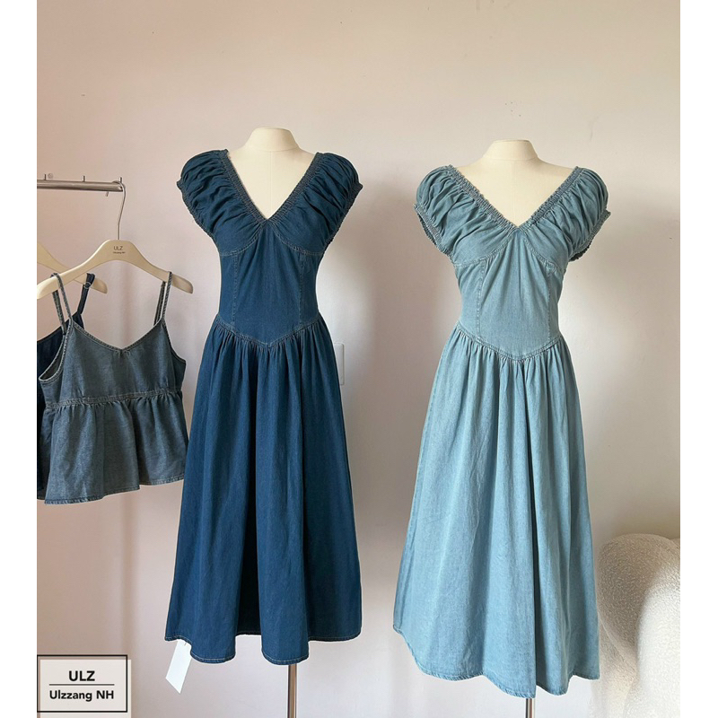 Đầm jeans chun cổ V bèo nhún dáng dài siêu xinh ảnh thật hàng QC loạu 1 - hàng có sẵn