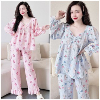Đồ bộ pyjama BIGSIZE \u003c70kg tay dài quần dài chất vải Đũi Xốp Quảng Châu Mềm Mát Đồ Bộ Nữ Mặc Nhà Cao Cấp